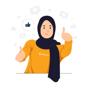 Muslim Girl showing like sign, feedback, public approval, joy, success, approval, happiness, and thumbs up symbol concept illustration