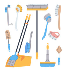 Set of brushes for cleaning premises and ceramics. Isolated flat on white background.