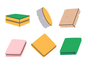 Set of sponges and rags. Means for washing and cleaning the kitchen, toilet and bathroom. Isolated flat on white background.