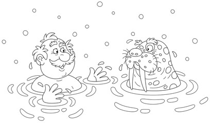 Funny sportsman winter-swimmer together with a big mustached walrus in cold water of an ice-hole, black and white outline vector cartoon illustration for a coloring book page