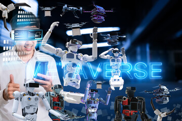 Asian man with Robot community metaverse for VR avatar reality game virtual reality of people blockchain connect technology investment, business lifestyle