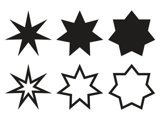 Star shapes collection. Silhouetes and outline seven seven pointed stars. Simple design elements set. Vector illustration isolated on white.