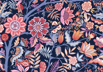 Fototapeta Seamless pattern with stylized ornamental flowers in retro, vintage style. Colored vector illustration on navy blue background. obraz