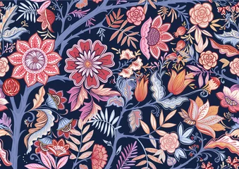 Zelfklevend Fotobehang Vintage bloemen Naadloze patroon met gestileerde sierbloemen in retro, vintage stijl. Gekleurde vectorillustratie op marineblauwe achtergrond.