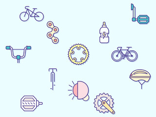 Vector illustration of a bicycle and bike elements. Contains such as sport, bike part, biking, exercise, vehicles, components, Helmet and more. 