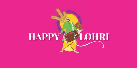 Lohri Wishing Creative Template Design. Conceptual Typography of Happy Lohri. Editable Illustration of Bhangra Playing Young Punjabi Man and Crop.
