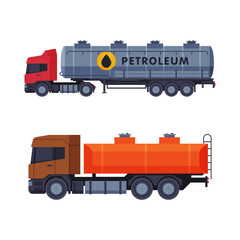 Fototapeta premium Truck with Tank Containing Oil or Petroleum for Transporting Chemical Liquid Resource Vector Set