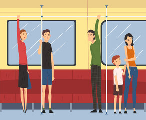 People Character Traveling Inside Electrical Train Holding Handrail Vector Set