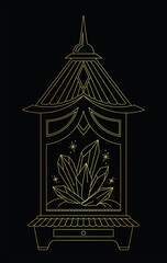Vector golden line art sketch crystals in chest on black