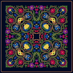 Fantasy flowers in retro, vintage, embroidery style. The design is suitable for shawl, blanket, pillow, pillowcase, napkin, cover or postcard. Vector illustration. 