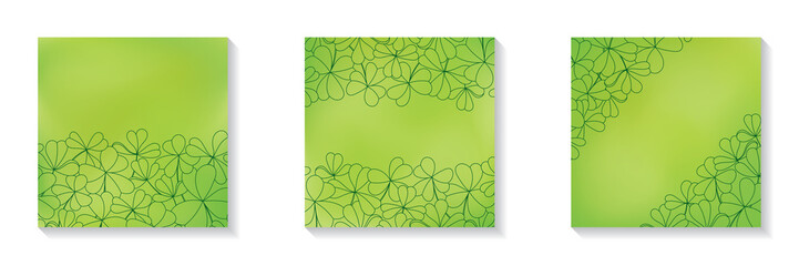 Set of square blurred green frames with copy space for social media posts clover leaves and flowers line art