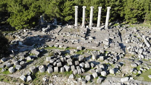 Aerial drone view of Temple of Athena Polias in the Ancient Priene, Aydin Province, Turkey