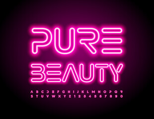 Vector glamour emblem Pure Beauty. Unique Neon Font. Pink Led light Alphabet Letters and Numbers