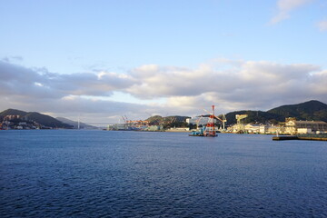 Fototapeta premium Nagasaki Bay and Nagasaki Port Terminal in Nagasaki, Japan - 日本 長崎湾 長崎港ターミナル