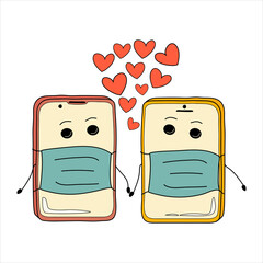 Telephones. Lovers phones in medical masks. 