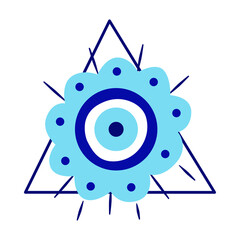 Isolated Greek amulet of the evil eye in the pyramid.Turkish amulet with blue eyelashes and protection in a triangle. Vector illustration flat style.