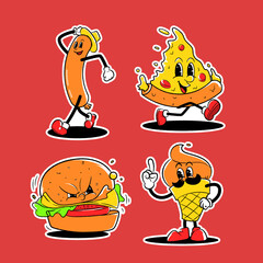 Vector illustration trendy fast food cartoon character with various facial expression. Retro vintage mascot cartoon logo.