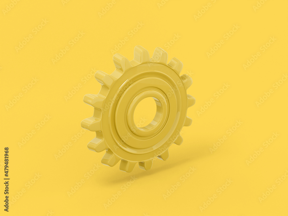 Poster yellow one color cog on yellow flat background. minimalistic design object. 3d rendering icon ui ux 