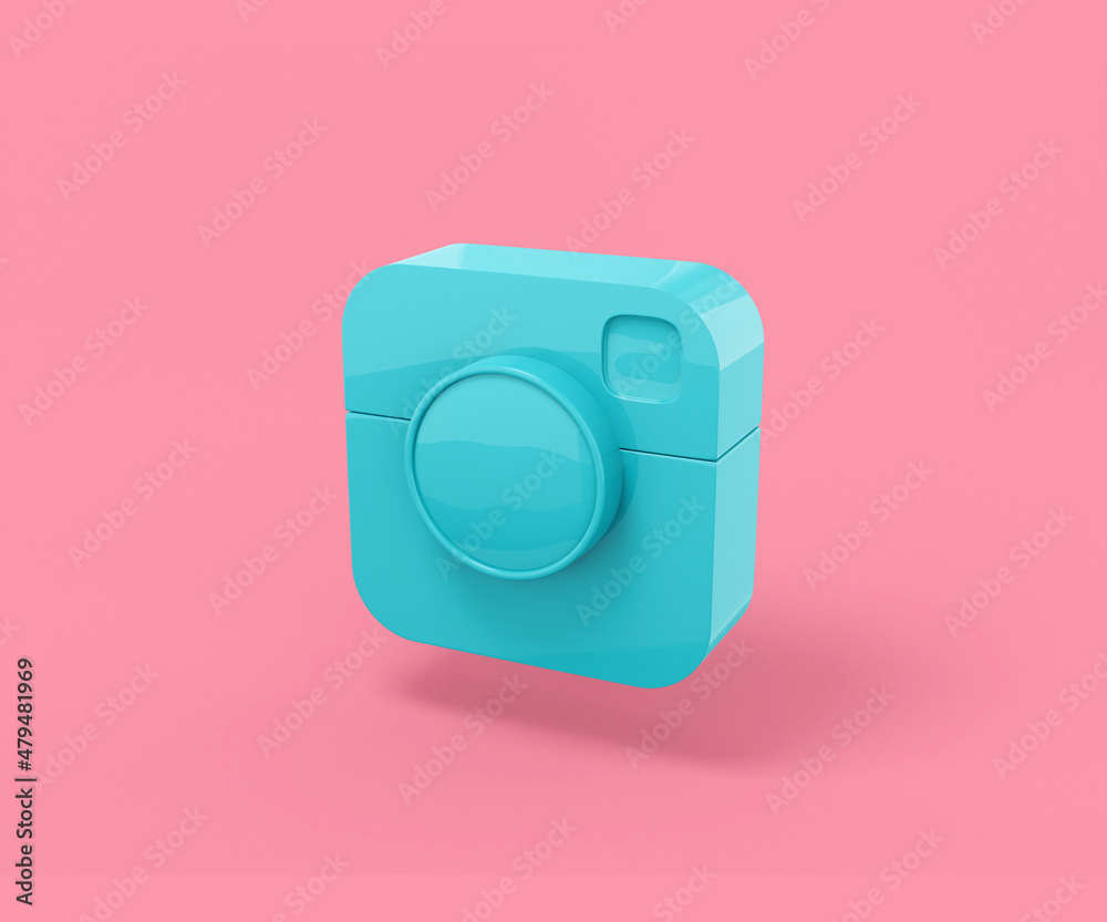 Poster blue camera popular social network on a pink background. minimalistic design object. 3d rendering ic