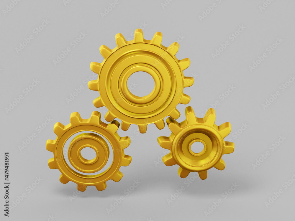 Poster gold single color gears on gray monochrome background. minimalistic design object. 3d rendering icon