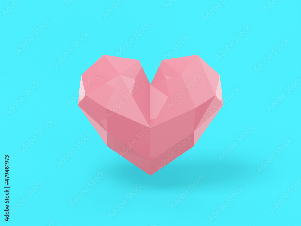 Poster low poly pink one color heart on blue flat background. minimalistic design object. 3d rendering icon