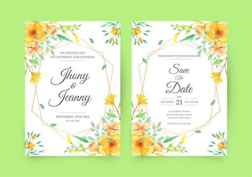 Elegant floral watercolor wedding invitation and menu template collection. Watercolor flower invitation card template.  