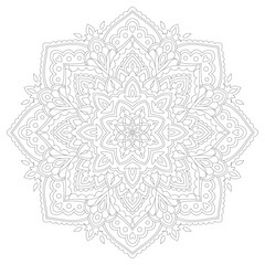 Vector Boho Mandala in black and white colors. Hand drawn ethnic anti-stress coloring book page. Round mandala on white isolated background. Abstract intricate pattern with many details. 