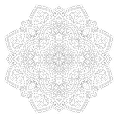Boho Mandala Design. Anti-stress coloring book page. Black round mandala on white isolated background. Abstract intricate pattern. Decorative ornament in ethnic oriental style. Vector illustration.