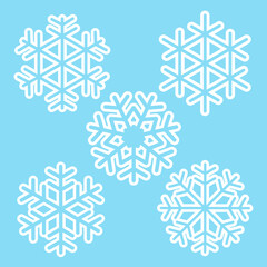 Set of white snowflakes. Snow icons isolated on blue background. Simple and cute patterns of symmetric snowflakes. White outline for surface stickers.