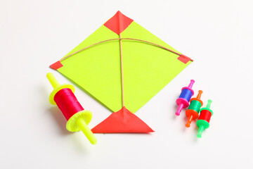 Colorful paper kites and string , Makar Sankranti festival Concept