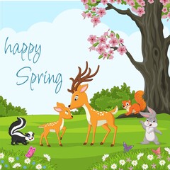 Group of happy animals cartoon playing in the park