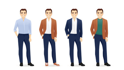 Smiling hadsome business man in different style clothes standing set. Vector illustration isolated on white background