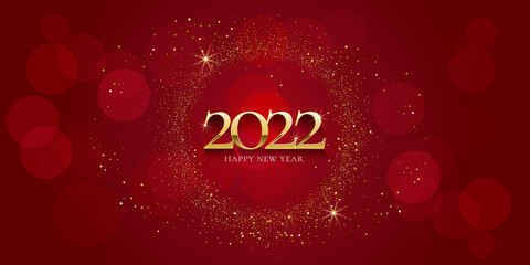 Happy New Year 2022 in gold. Greeting card with gold glittering round on red background. For holiday invitations, banner, poster. Vector illustration.