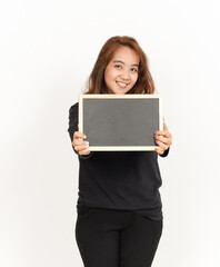 Fototapeta premium Showing, Presenting and holding Blank Blackboard Of Beautiful Asian Woman Wearing Black Shirt