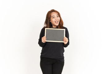 Fototapeta premium Showing, Presenting and holding Blank Blackboard Of Beautiful Asian Woman Wearing Black Shirt