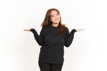 Showing two product on open palm Of Beautiful Asian Woman Wearing Black Shirt Isolated On White