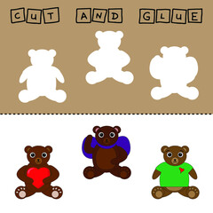 Vector illustration of  cartoon bears lacking the desired element. paper game for the development of preschoolers. Cut out parts of the image and glue on the toy. A fun game for kids and kids

