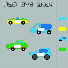 Vector illustration of  cartoon cars lacking the desired element. paper game for the development of preschoolers. Cut out parts of the image and glue on the toy. A fun game for kids and kids
