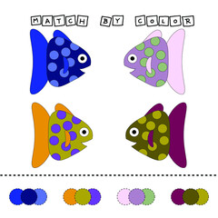 worksheet vector design, challenge to connect the fishes with its color. Logic game for children.