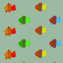 Pattern with painted colorful fishes. Can be used for wallpaper, textiles, packaging, cards, covers. Small cute animal on a blue  background.