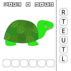 Make the word TURTLE from the scattered letters, cut and connect. Educational game for children.