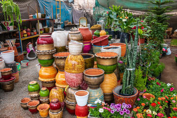 Fototapeta premium Several ceramic pots of different sizes and colors, next to ornamental plants and flowers inside a plant nursery.