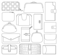 Leather wallet isolated outline set icon. Vector illustration purse on white background.Outline vector set icon leather wallet .