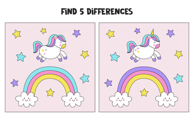 Find 5 differences between two cute unicorn pictures.