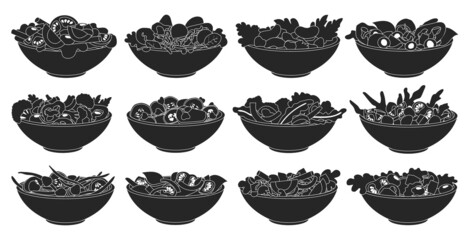 Vegetable salad isolated black set icon. Black vector set icon bowl lettuce. Vector illustration vegetable salad on white background.