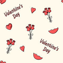 Seamless pattern icons concept of Valentine s day. Vector doodle romantic accessories bouquet of flowers hearts