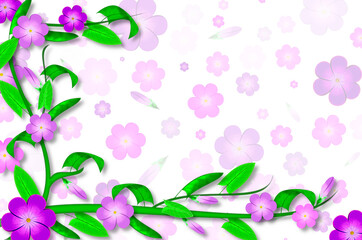 beautiful floral background with lilac flowers and green leaves on a light background