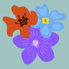 Minimalistic flower arrangement poster in vibrant multicolored colors, abstract organic shapes in flat trendy modern style. Vector illustration, still life for the design of postcards, interiors, web