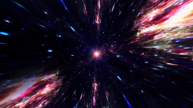 Flying star fields, many particles through hyper space warp dark blue purple tunnel with center flare light. 4K 3D Abstract visualizer seamless loop of flying Particles in tunnel. 

