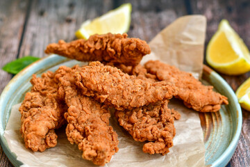 
 Crispy  deep fried   chicken strips and wedges potato. Breaded  with cornflakes chicken  breast fillets  with chilly peppers and fresh   basil on wooden rustic background